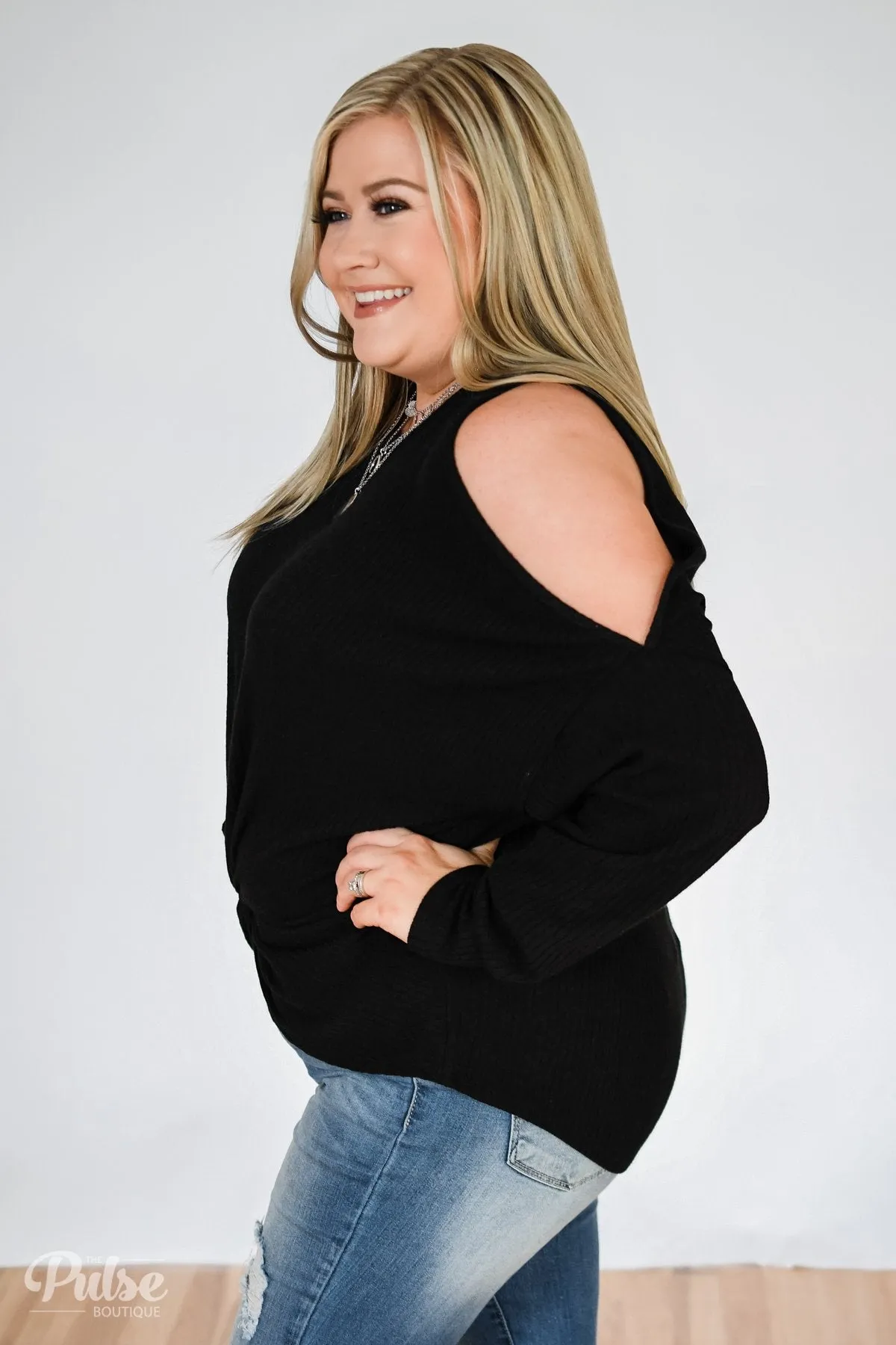 Flattering Twist Cold Shoulder Top- Black