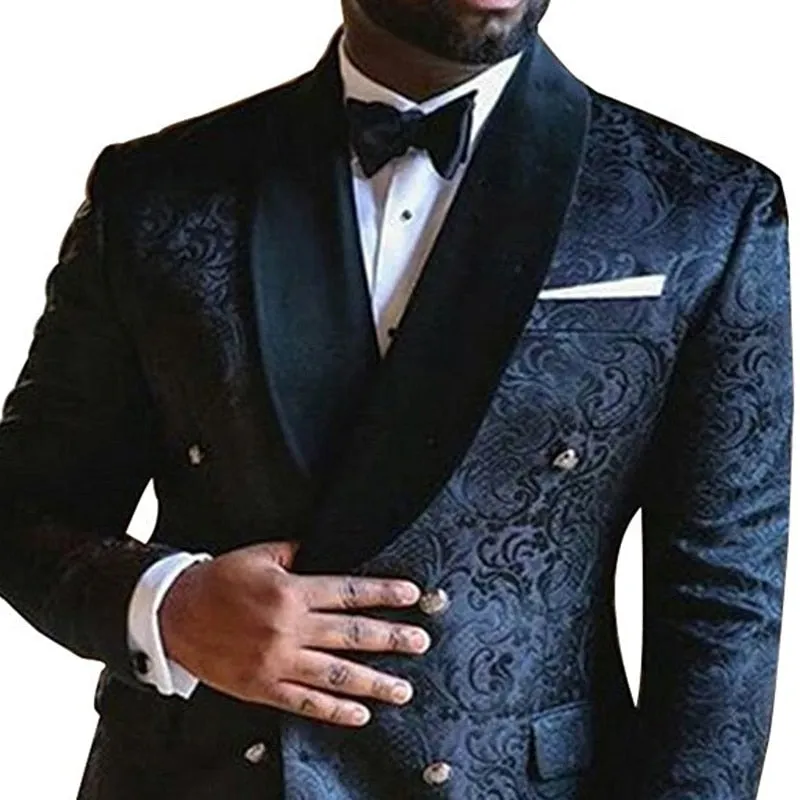 Floral Jacquard Slim fit Men Suits - Double Breasted Navy Blue Wedding Tuxedo for Groomsmen Black Shawl Lapel