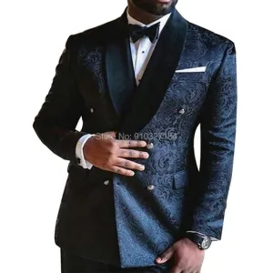 Floral Jacquard Slim fit Men Suits - Double Breasted Navy Blue Wedding Tuxedo for Groomsmen Black Shawl Lapel
