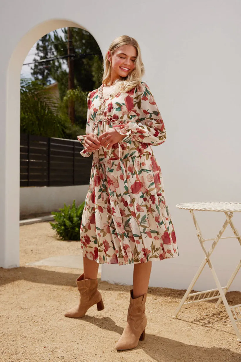 Floral Print Chiffon Midi Dress W/ V-neck Frilled Detail