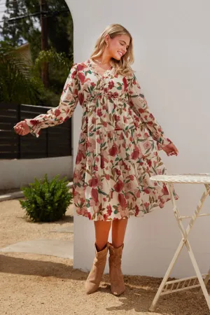 Floral Print Chiffon Midi Dress W/ V-neck Frilled Detail