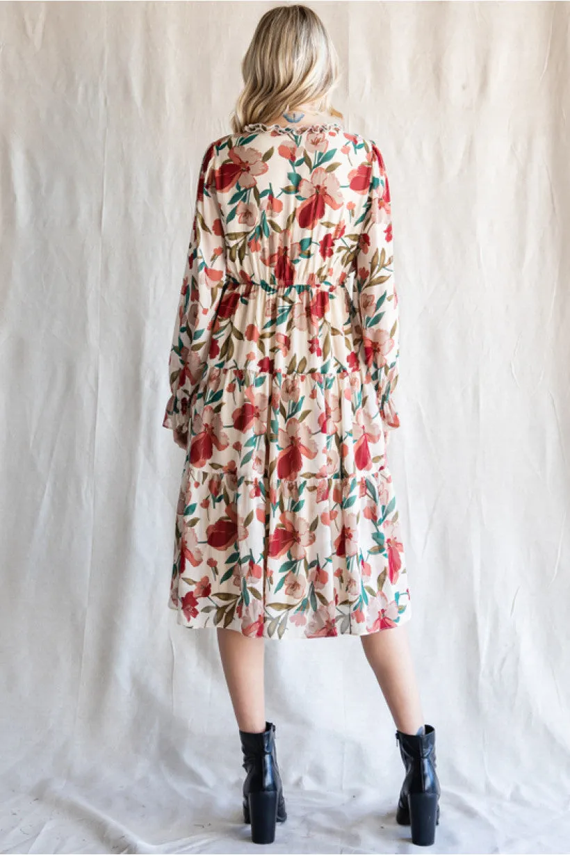 Floral Print Chiffon Midi Dress W/ V-neck Frilled Detail