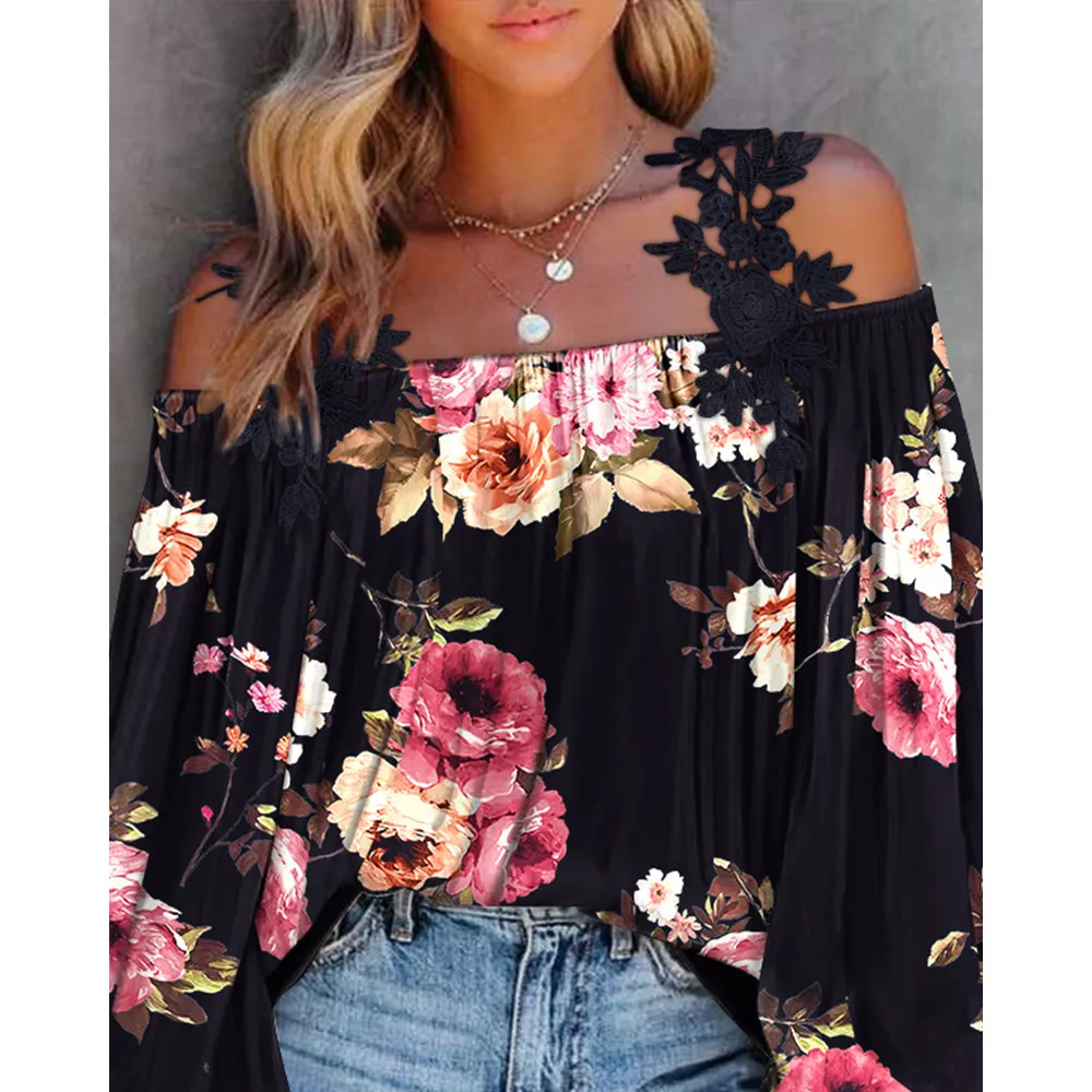 Floral Print Lace Patch Cold Shoulder Tops