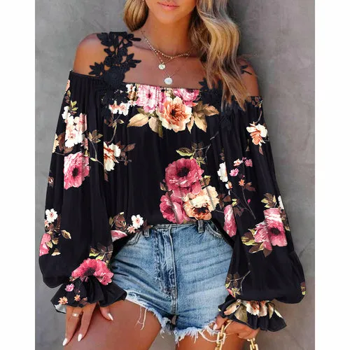 Floral Print Lace Patch Cold Shoulder Tops