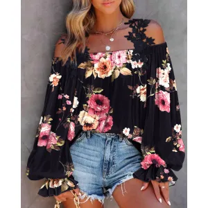 Floral Print Lace Patch Cold Shoulder Tops