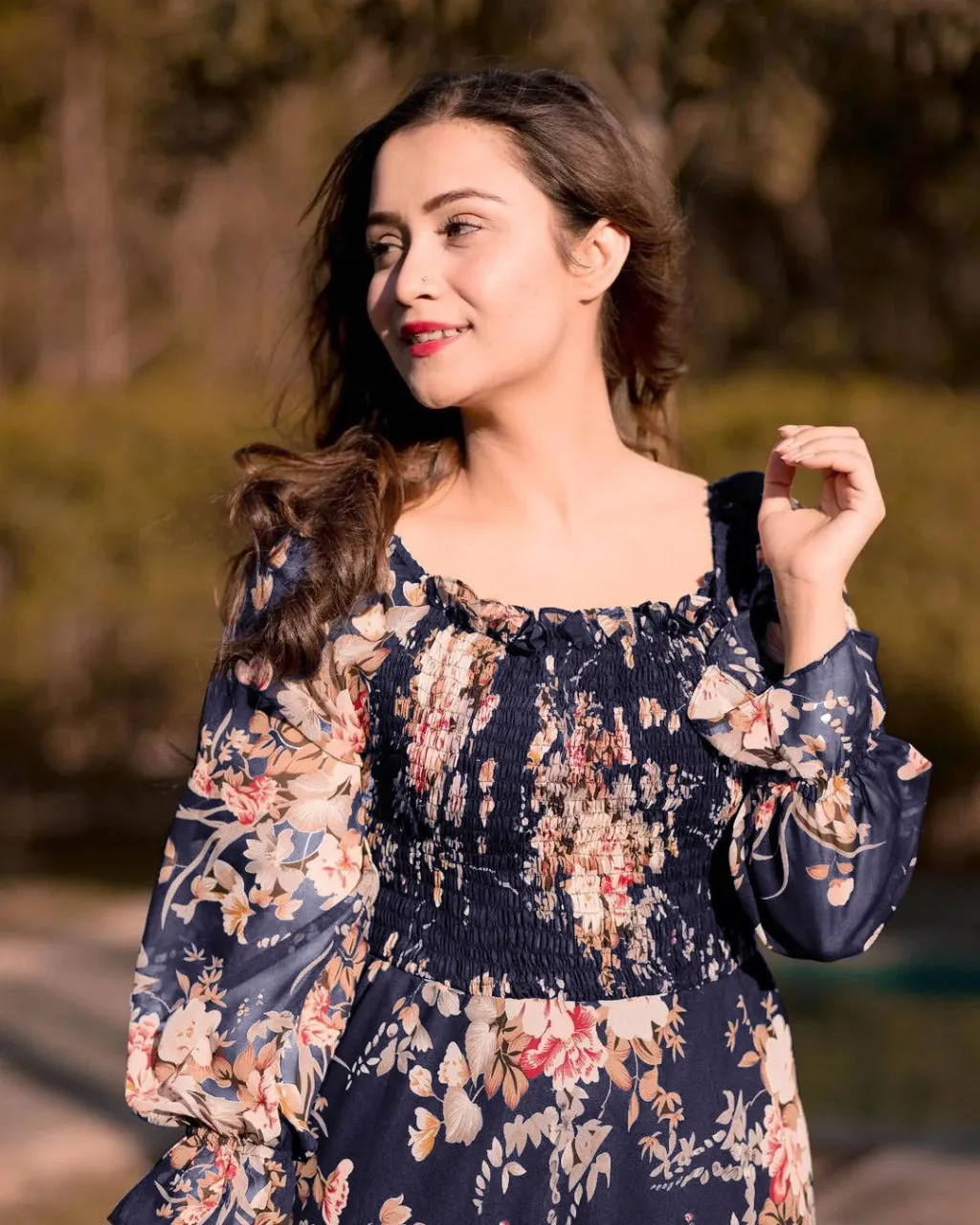 Flounce Sleeve Shirred Floral Print Dress( CLEARANCE SALE