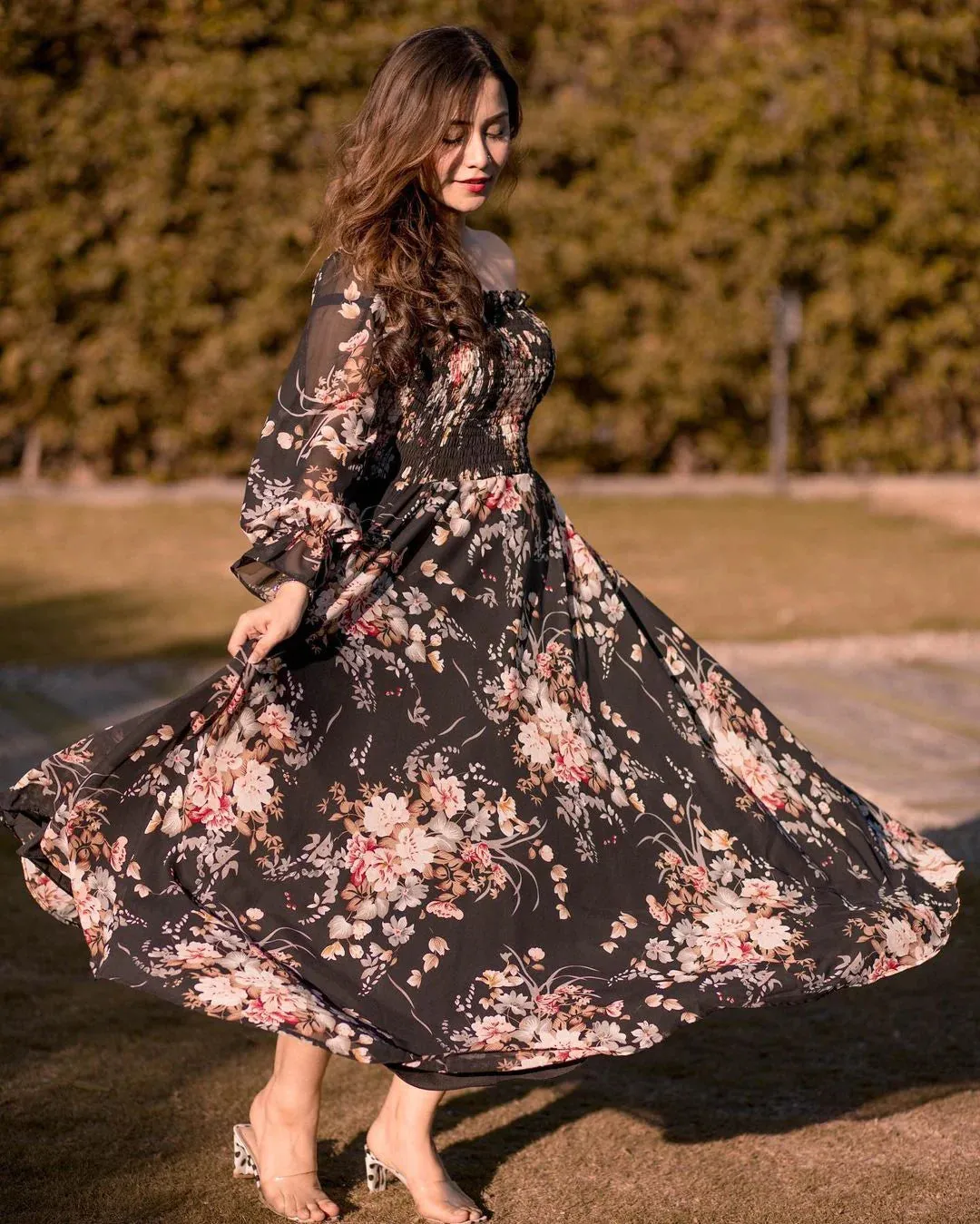 Flounce Sleeve Shirred Floral Print Dress( CLEARANCE SALE