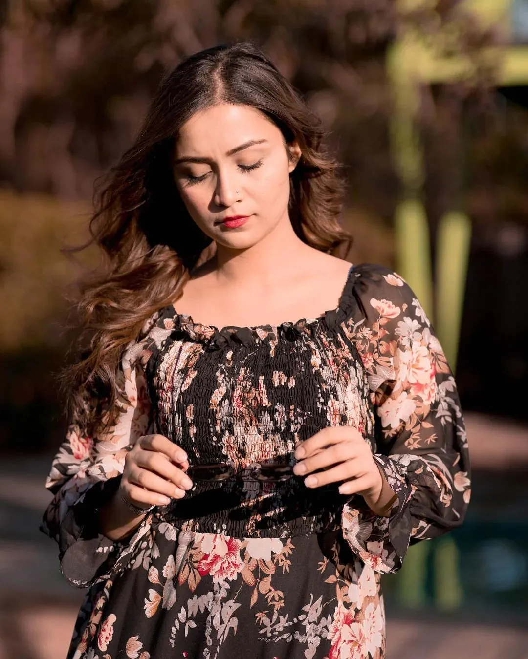 Flounce Sleeve Shirred Floral Print Dress( CLEARANCE SALE