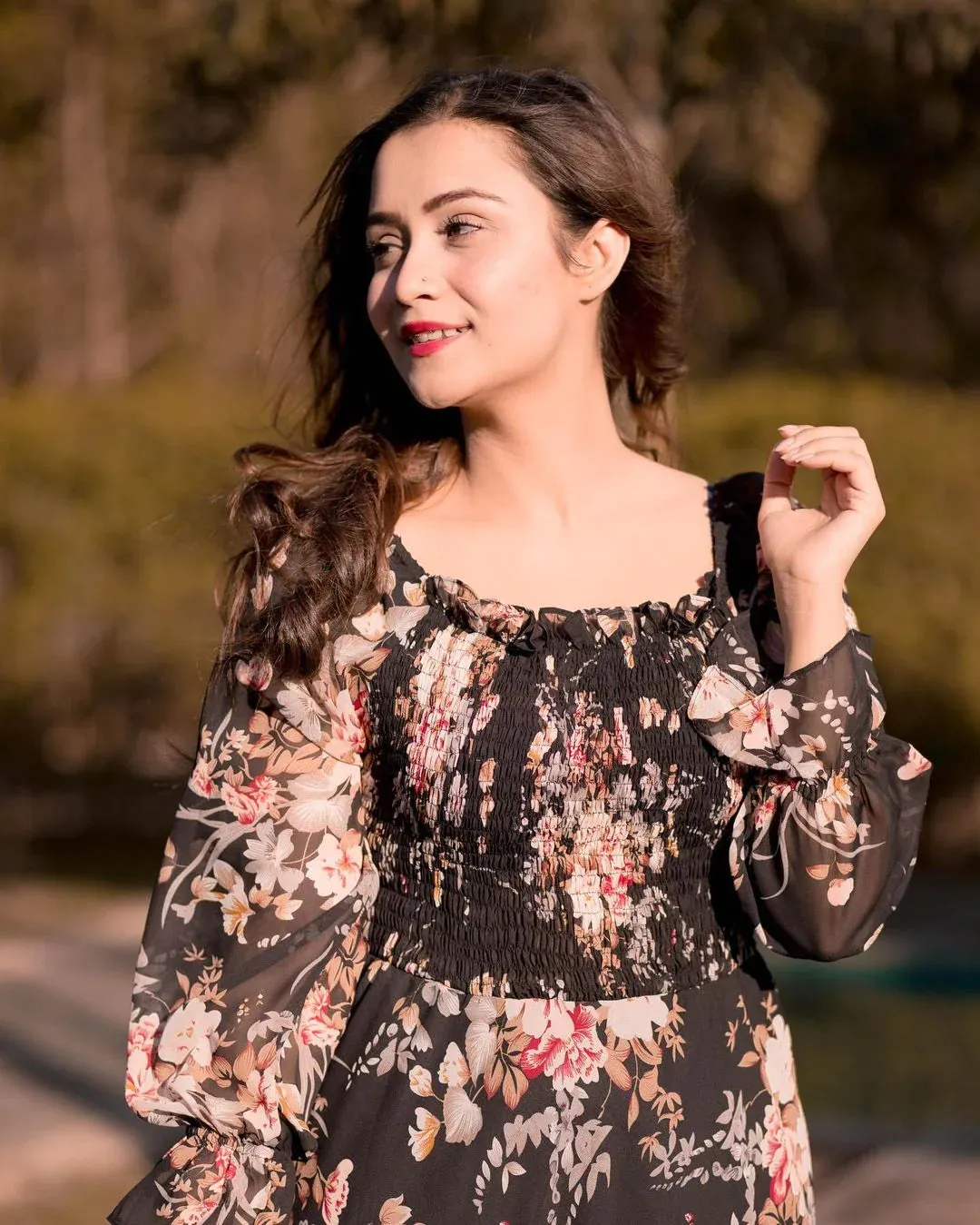 Flounce Sleeve Shirred Floral Print Dress( CLEARANCE SALE