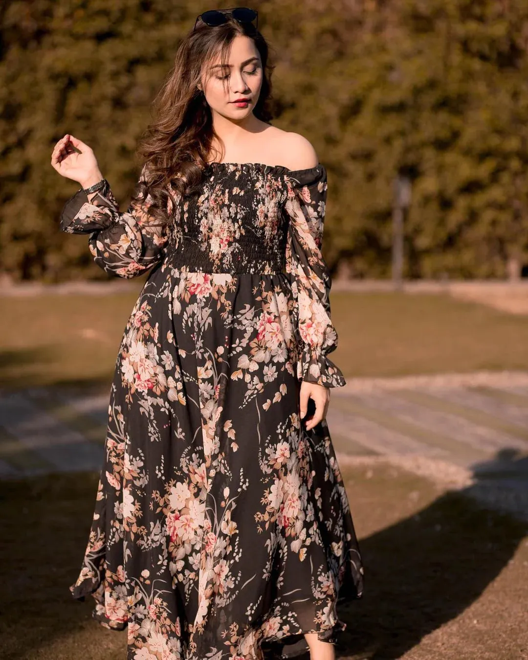 Flounce Sleeve Shirred Floral Print Dress( CLEARANCE SALE