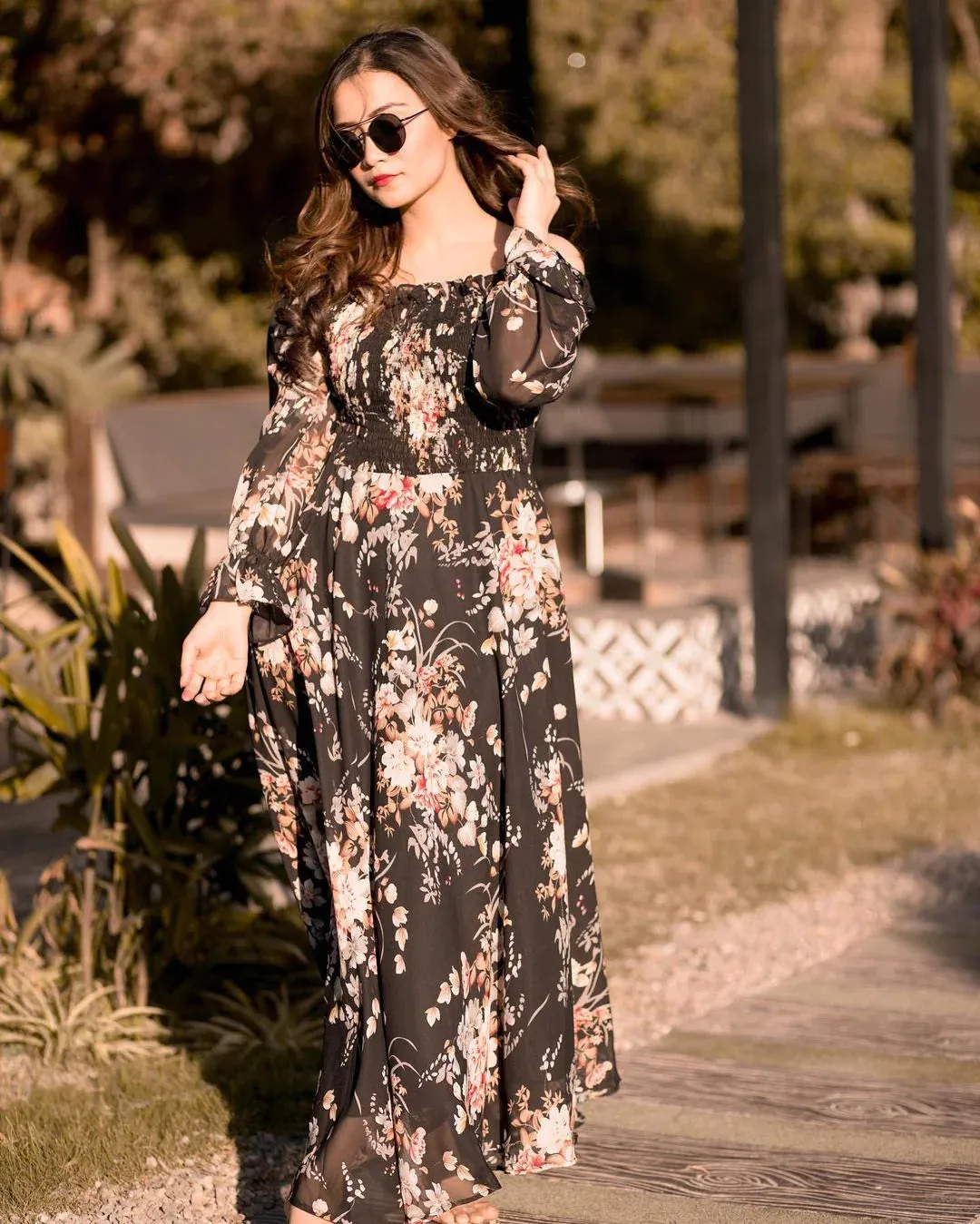 Flounce Sleeve Shirred Floral Print Dress( CLEARANCE SALE