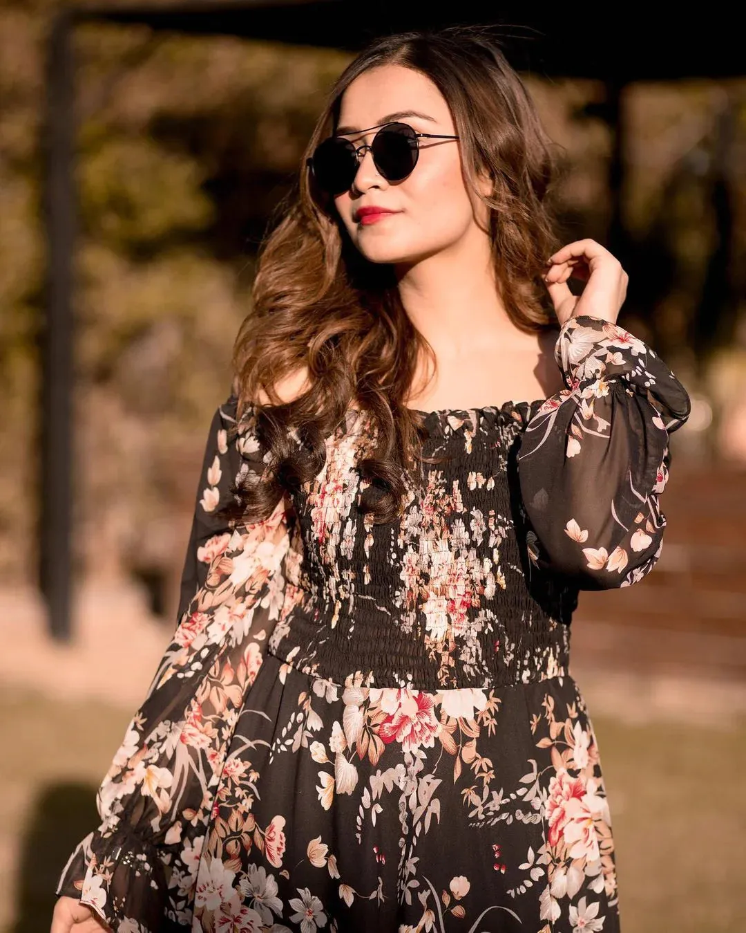 Flounce Sleeve Shirred Floral Print Dress( CLEARANCE SALE