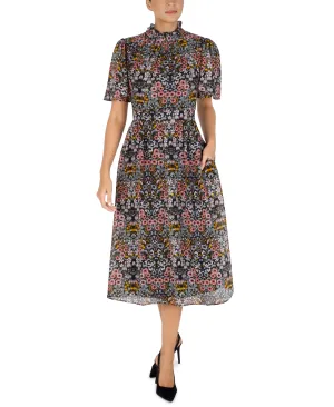 Flutter Sleeve Ruffle Mock Neck Midi