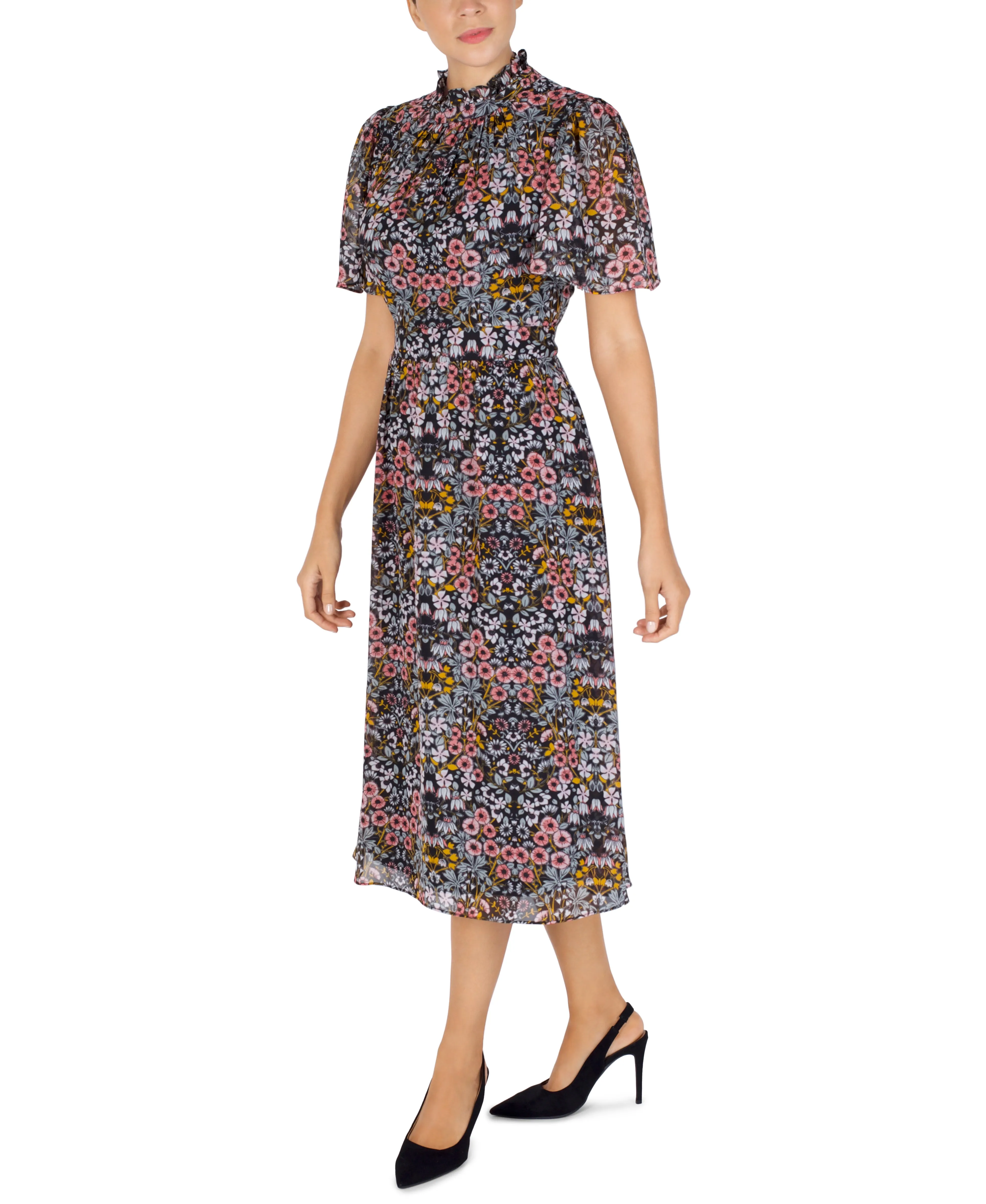 Flutter Sleeve Ruffle Mock Neck Midi