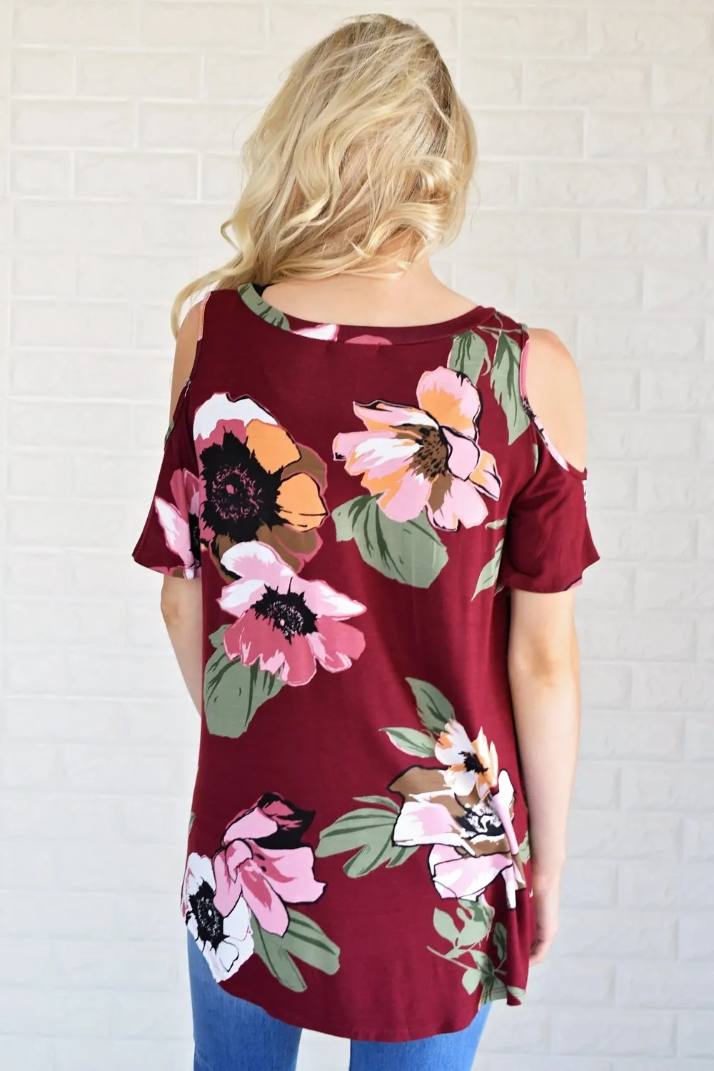 Forever Floral Cold Shoulder Top ~ Burgundy
