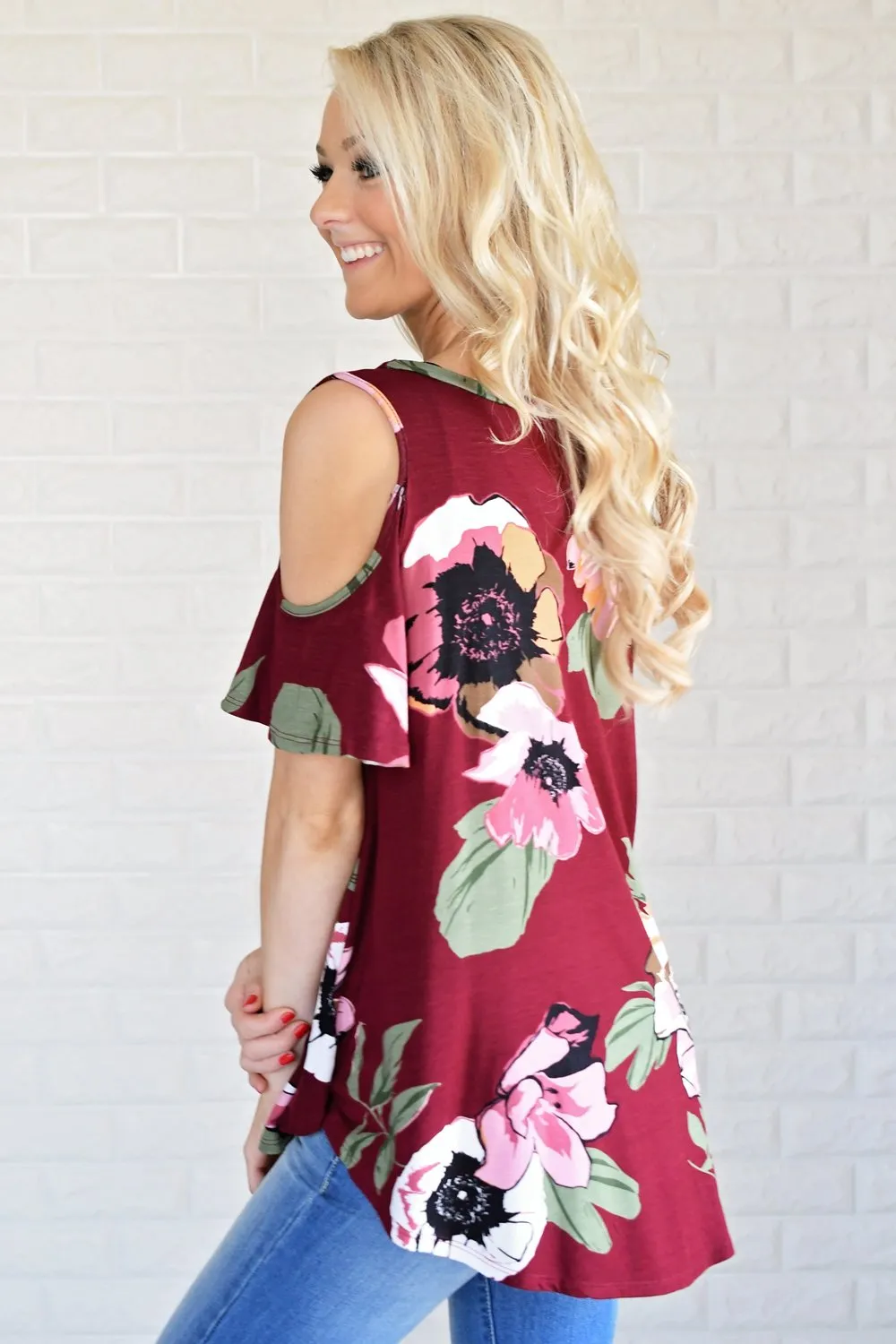 Forever Floral Cold Shoulder Top ~ Burgundy