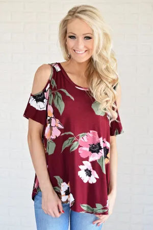 Forever Floral Cold Shoulder Top ~ Burgundy