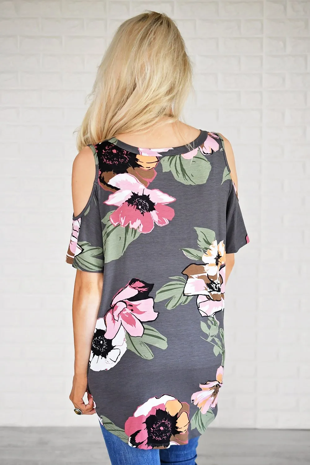 Forever Floral Cold Shoulder Top ~ Grey