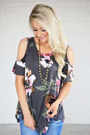 Forever Floral Cold Shoulder Top ~ Grey