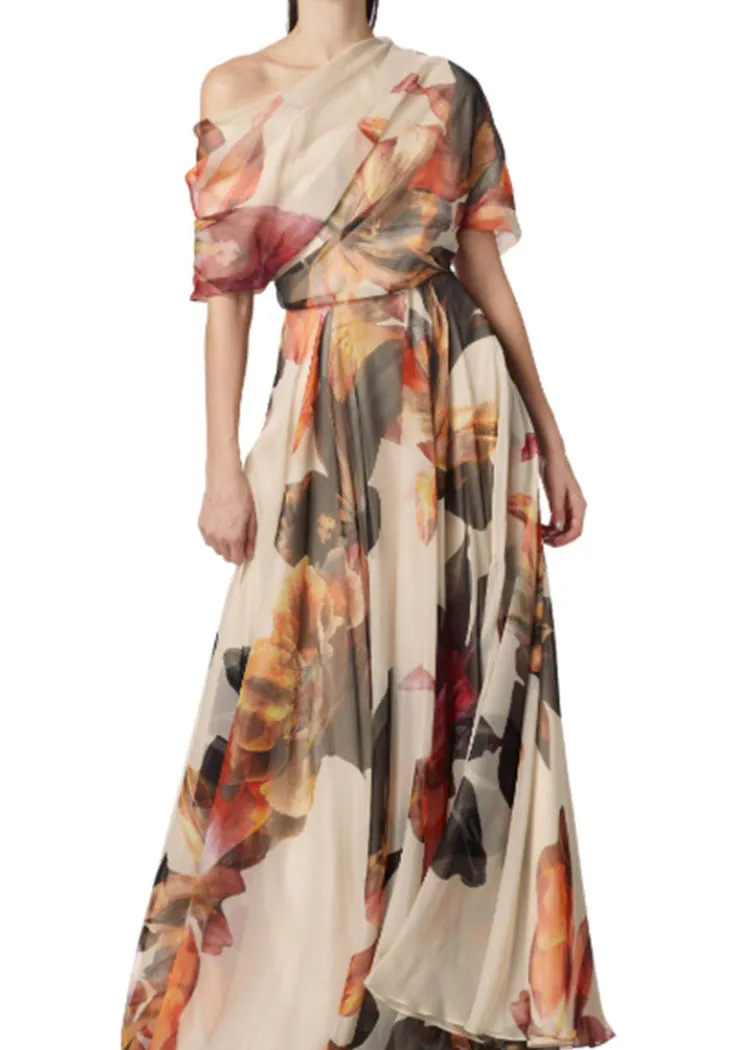 French Asymmetrical Print Chiffon Maxi Dresses Summer