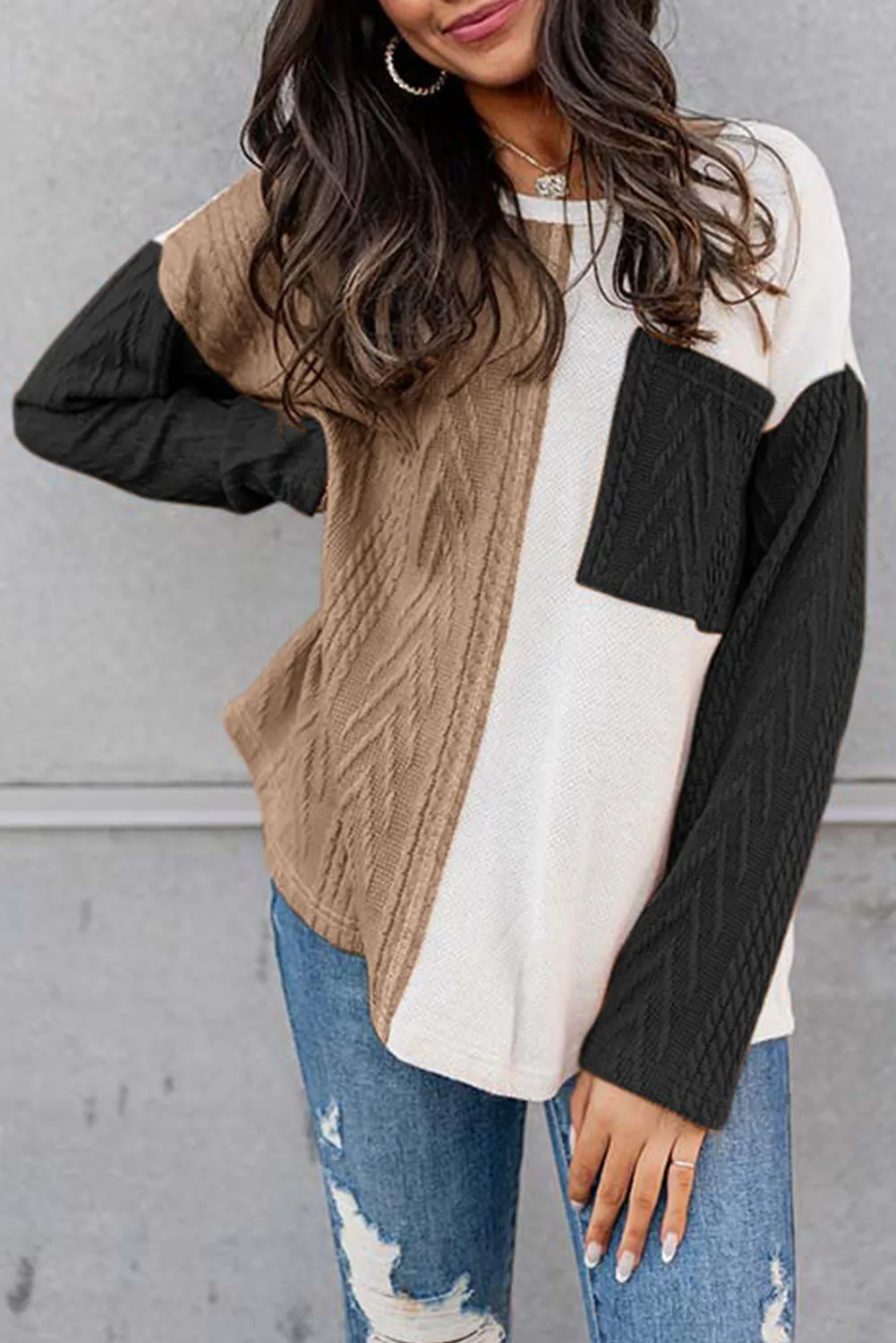 Full Size Color Block Cable-Knit Sweater (3 Colors)