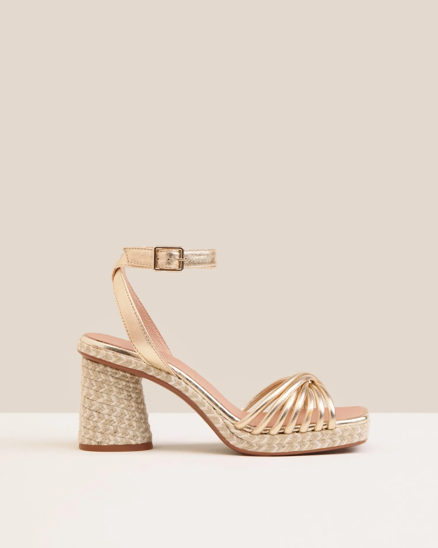 Gaimo Fusca Gold Strappy Sandals With Jute Block Heel