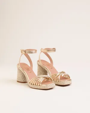 Gaimo Fusca Gold Strappy Sandals With Jute Block Heel