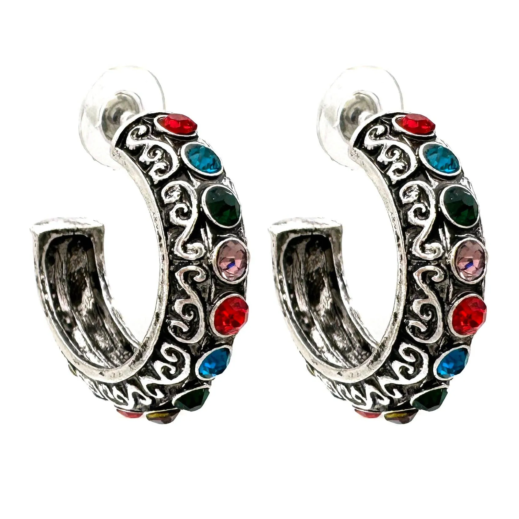 Gemstone Western C Hoop Metal Earrings: Pink