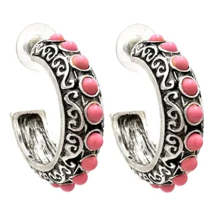 Gemstone Western C Hoop Metal Earrings: Pink