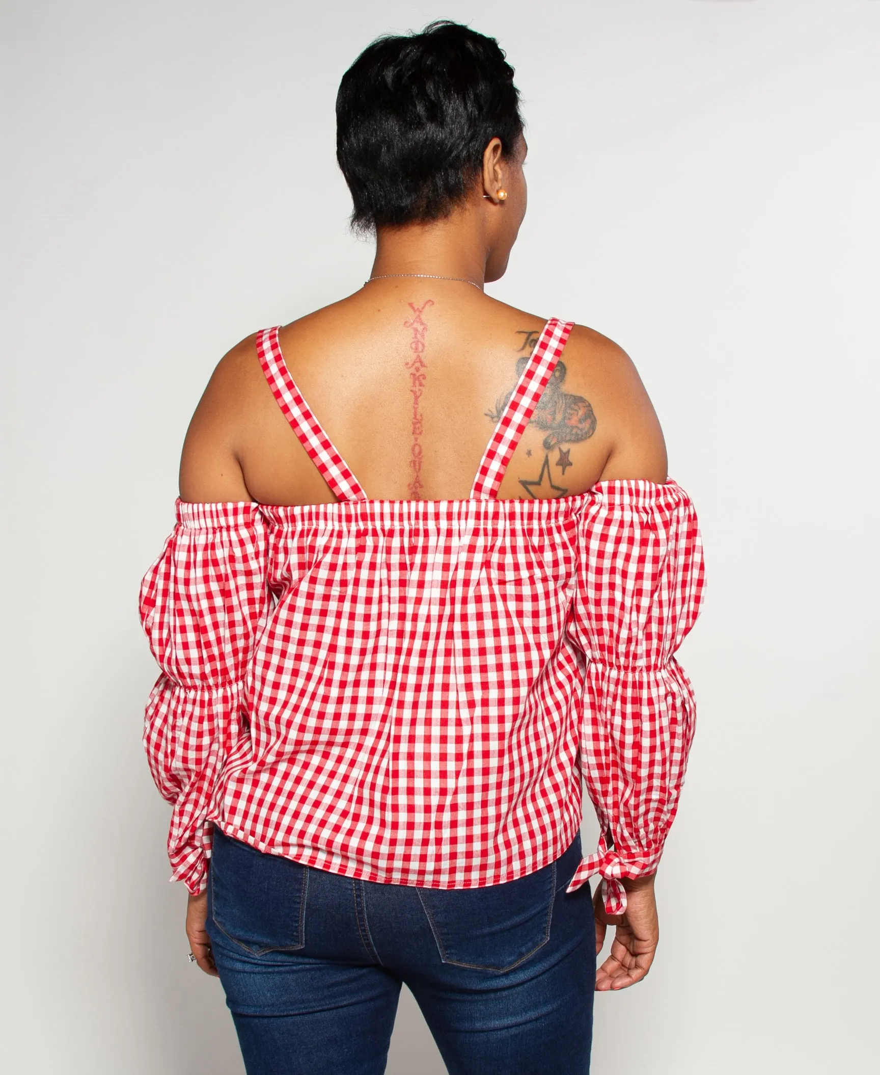 Gingham Cold Shoulder Tie Sleeve Shirt