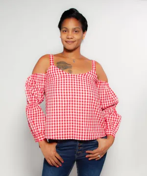 Gingham Cold Shoulder Tie Sleeve Shirt