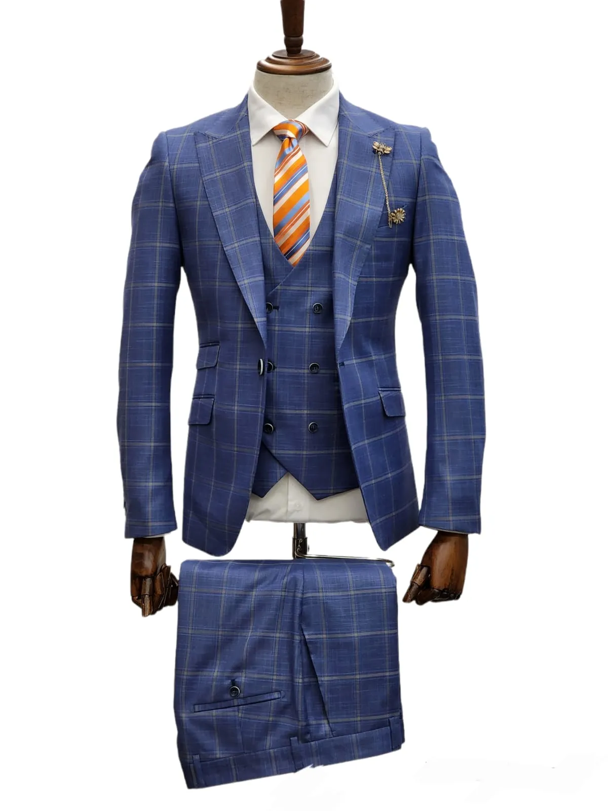 Giovanni Testi 1 Button 3Pc slim fit Suit GT1P V-4702 BLUE/CREAM/PLAID