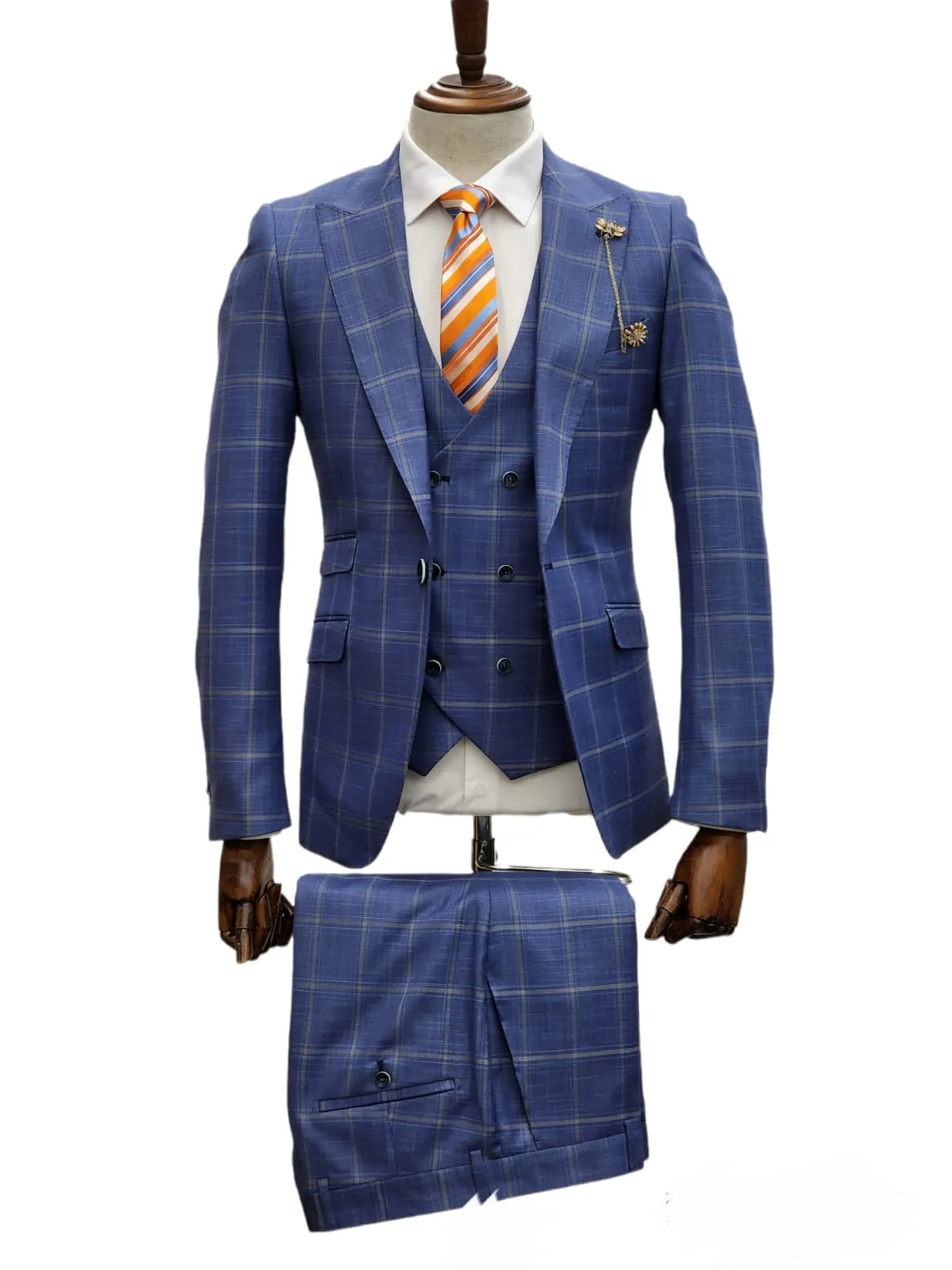 Giovanni Testi 1 Button 3Pc slim fit Suit GT1P V-4702 BLUE/CREAM/PLAID