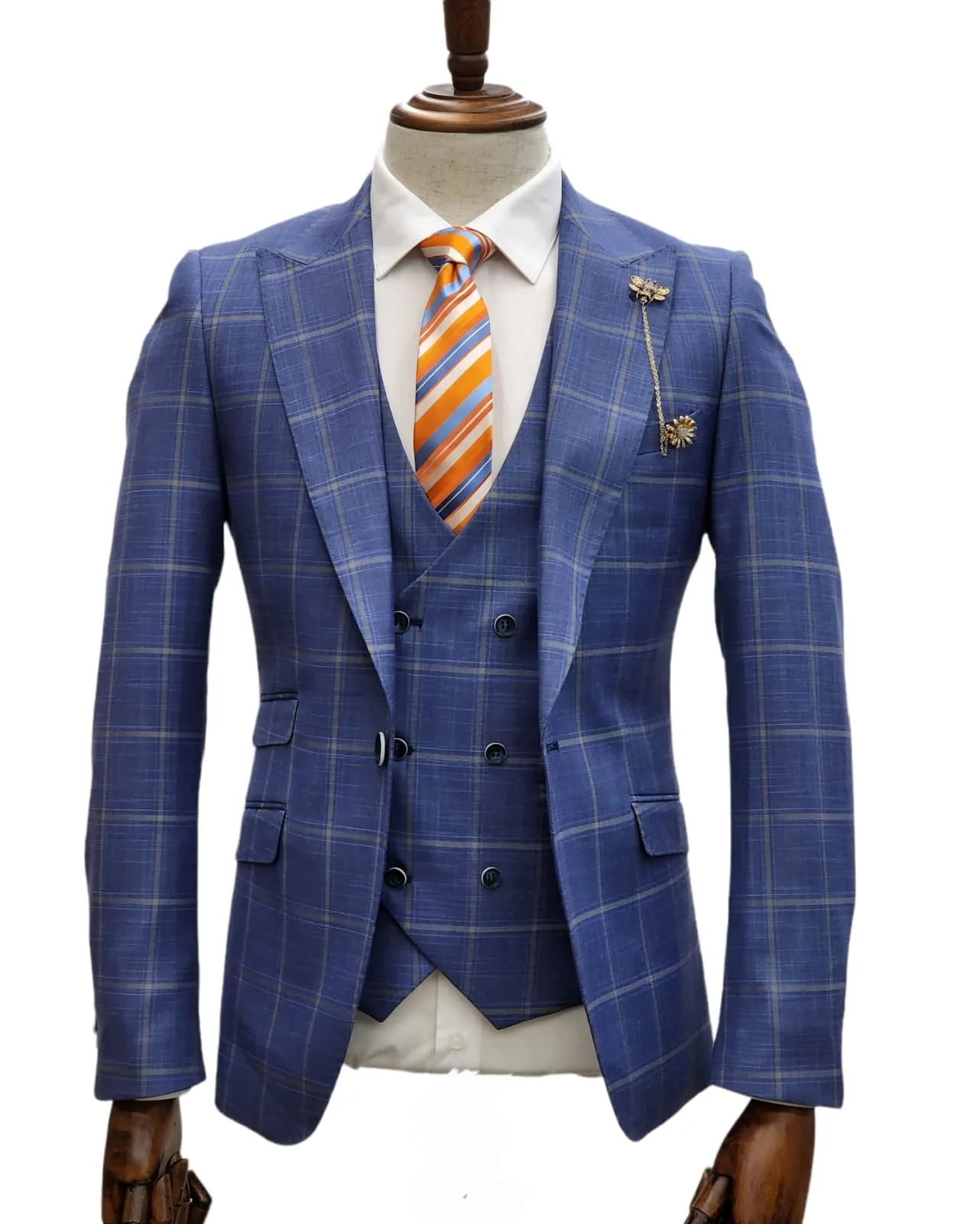 Giovanni Testi 1 Button 3Pc slim fit Suit GT1P V-4702 BLUE/CREAM/PLAID