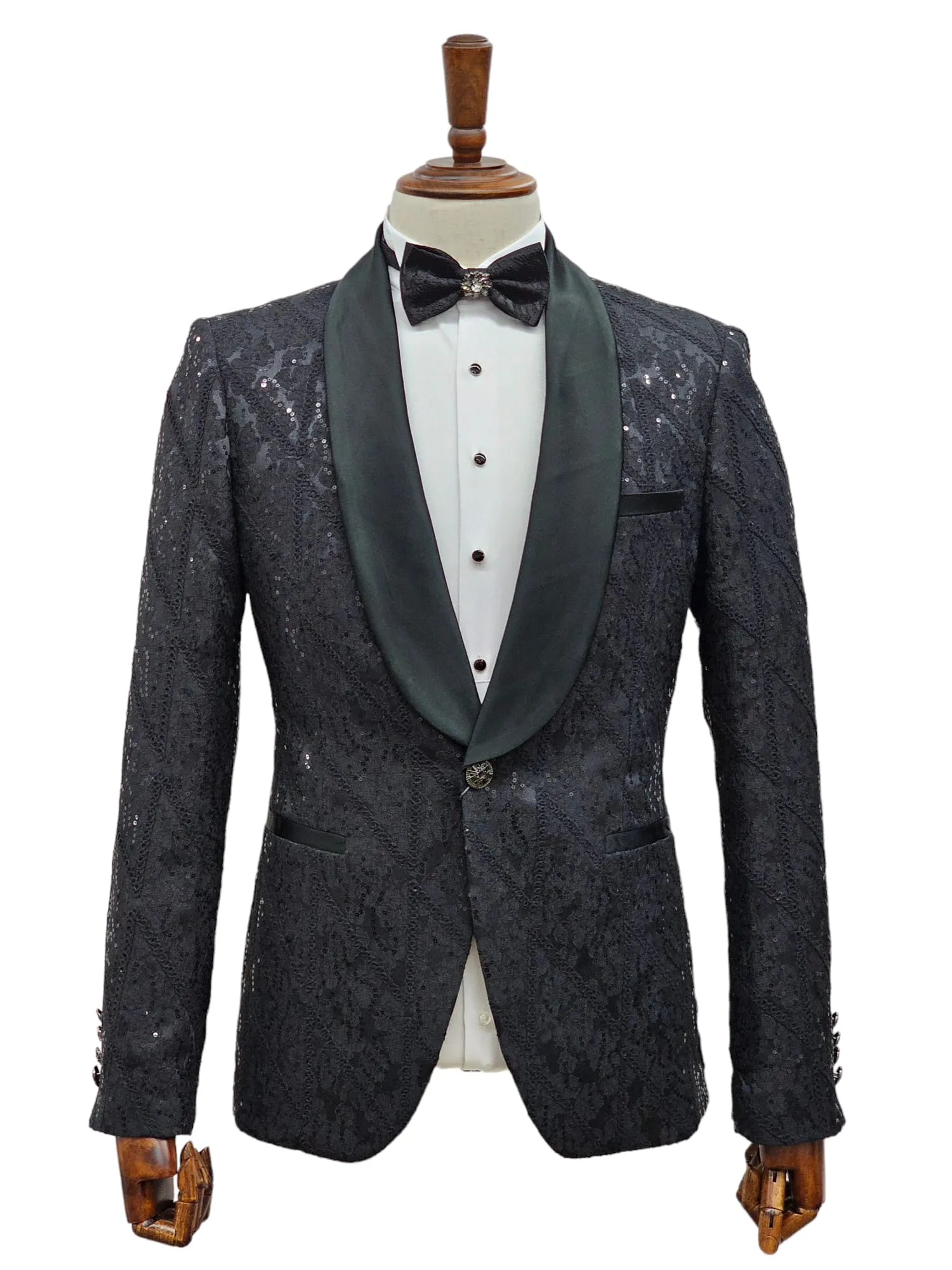 Giovanni Testi 1 Button Shawl Lapel Sequin Overlay Tuxedo EF1SX-4040 BLACK