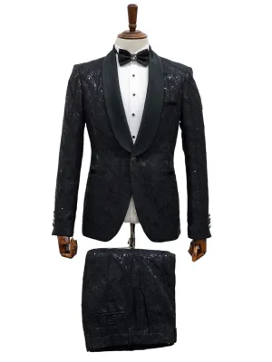 Giovanni Testi 1 Button Shawl Lapel Sequin Overlay Tuxedo EF1SX-4040 BLACK