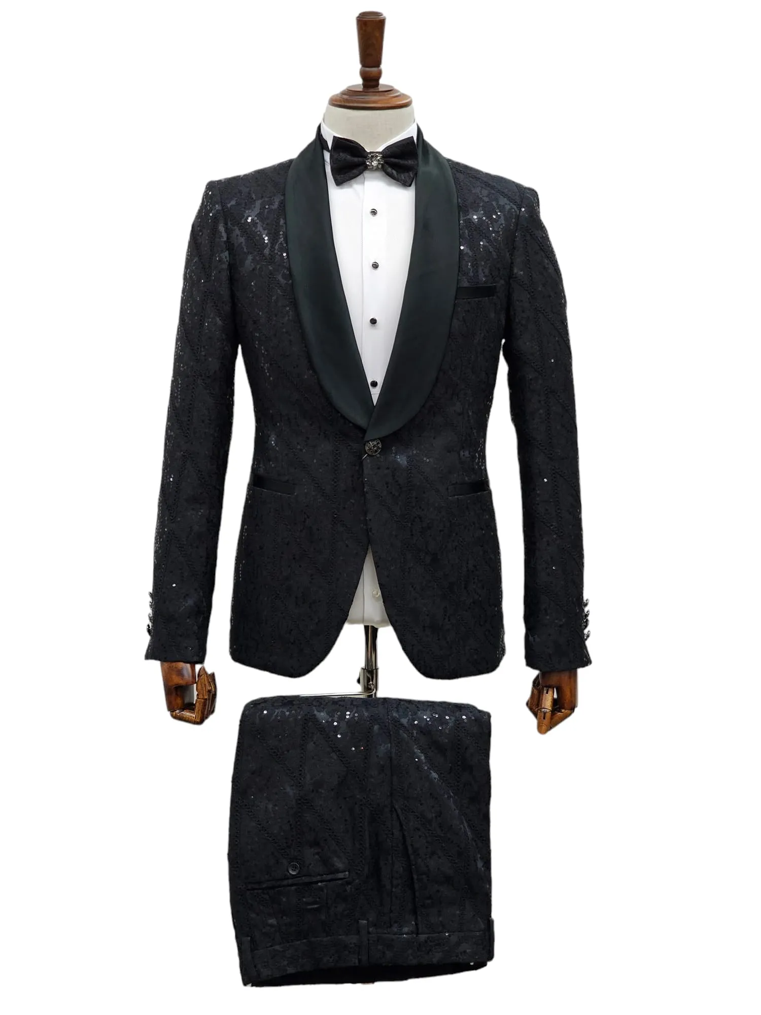 Giovanni Testi 1 Button Shawl Lapel Sequin Overlay Tuxedo EF1SX-4040 BLACK