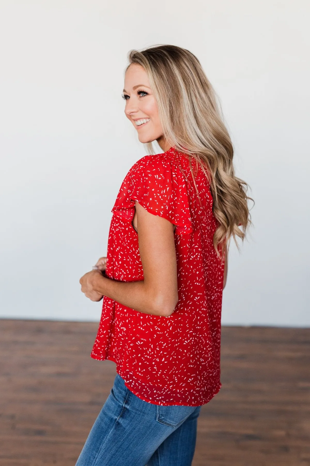 Give It A Go Ruffle Sleeve Top- Red