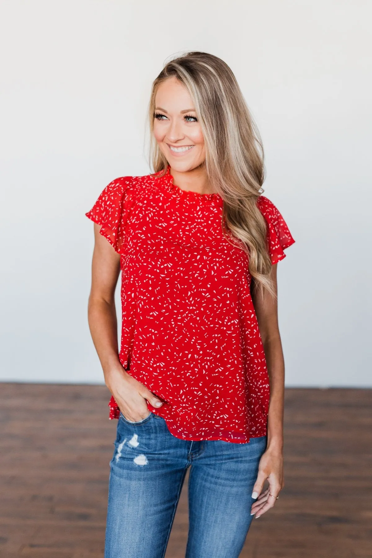 Give It A Go Ruffle Sleeve Top- Red