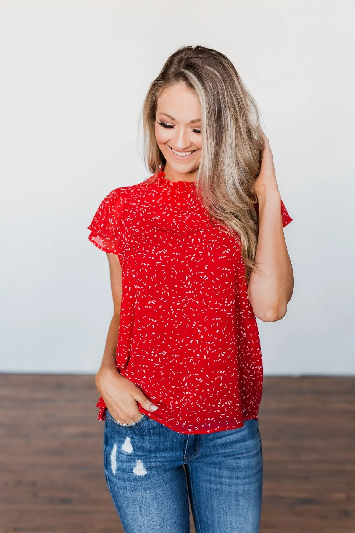 Give It A Go Ruffle Sleeve Top- Red