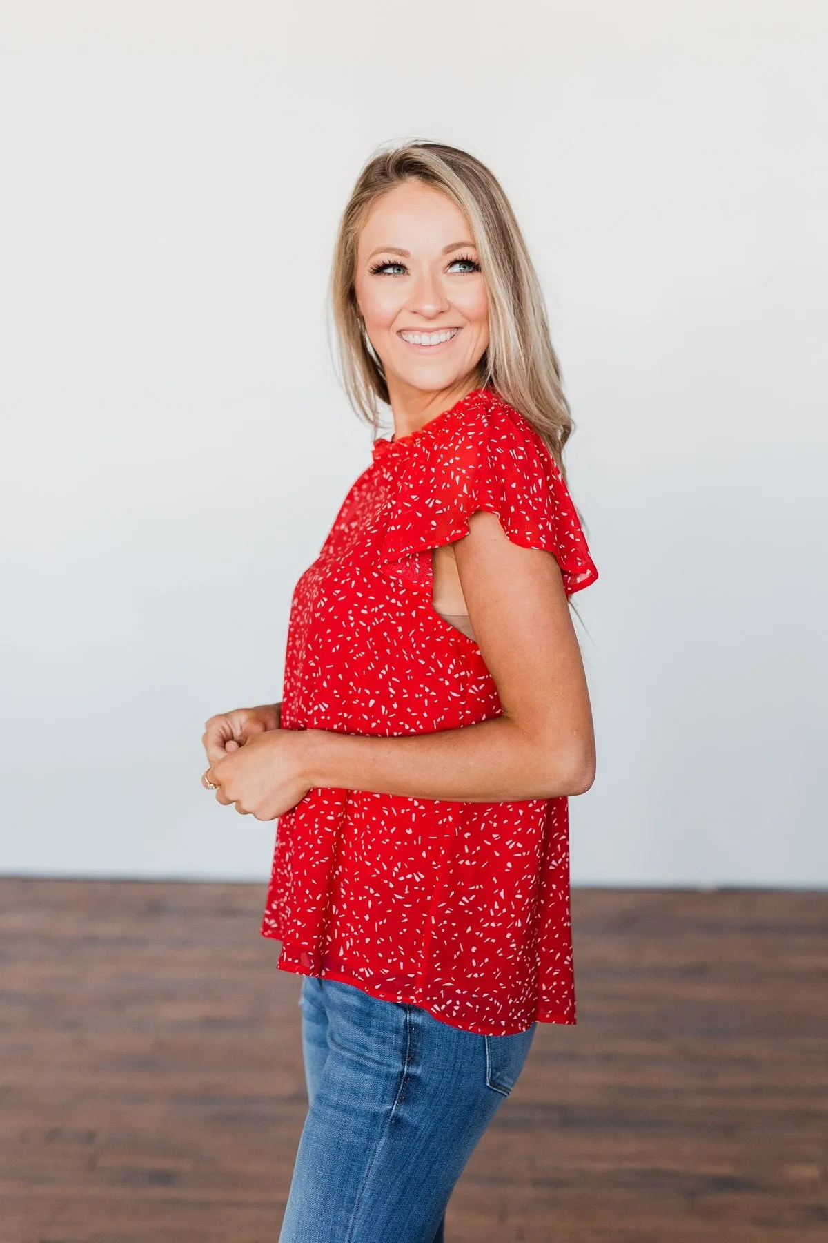 Give It A Go Ruffle Sleeve Top- Red