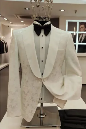 Glamorous White Shawl Lapel 2 Piece Jacquard Wedding Suit