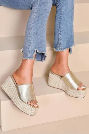 GOLD ESPADRILLE PLATFORM WEDGE SANDALS