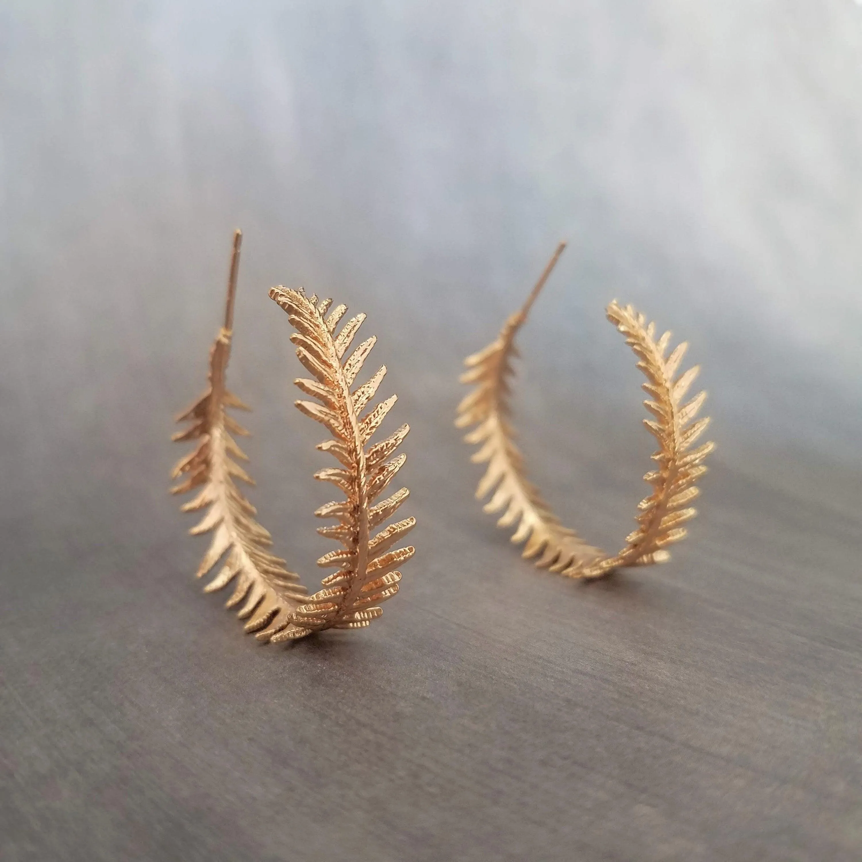 Gold Fern Hoop Earrings, branch hoop, fern earrings, 1 inch hoop, tiny leaves hoop, gold hoops, leafy hoop earrings, plant earrings