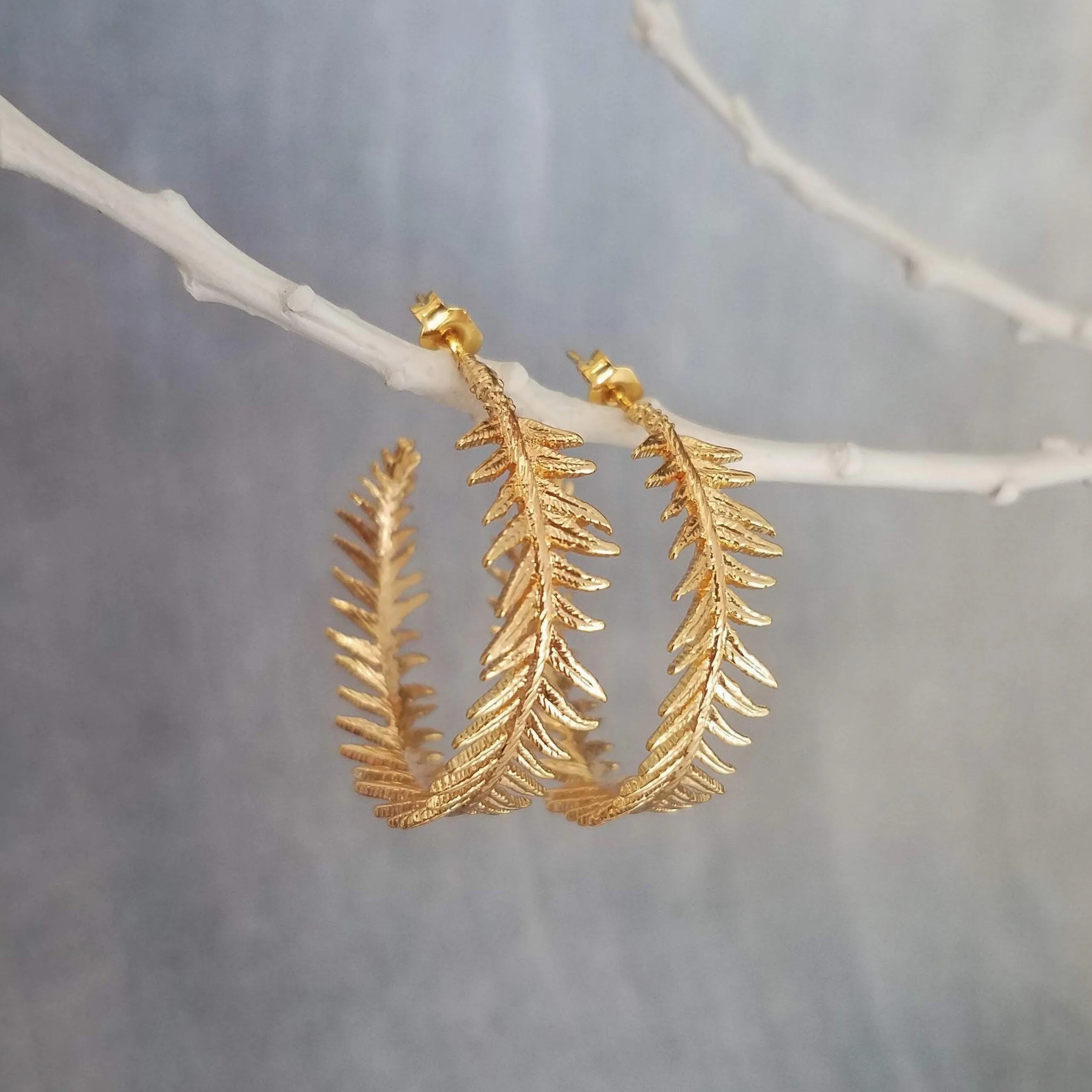 Gold Fern Hoop Earrings, branch hoop, fern earrings, 1 inch hoop, tiny leaves hoop, gold hoops, leafy hoop earrings, plant earrings