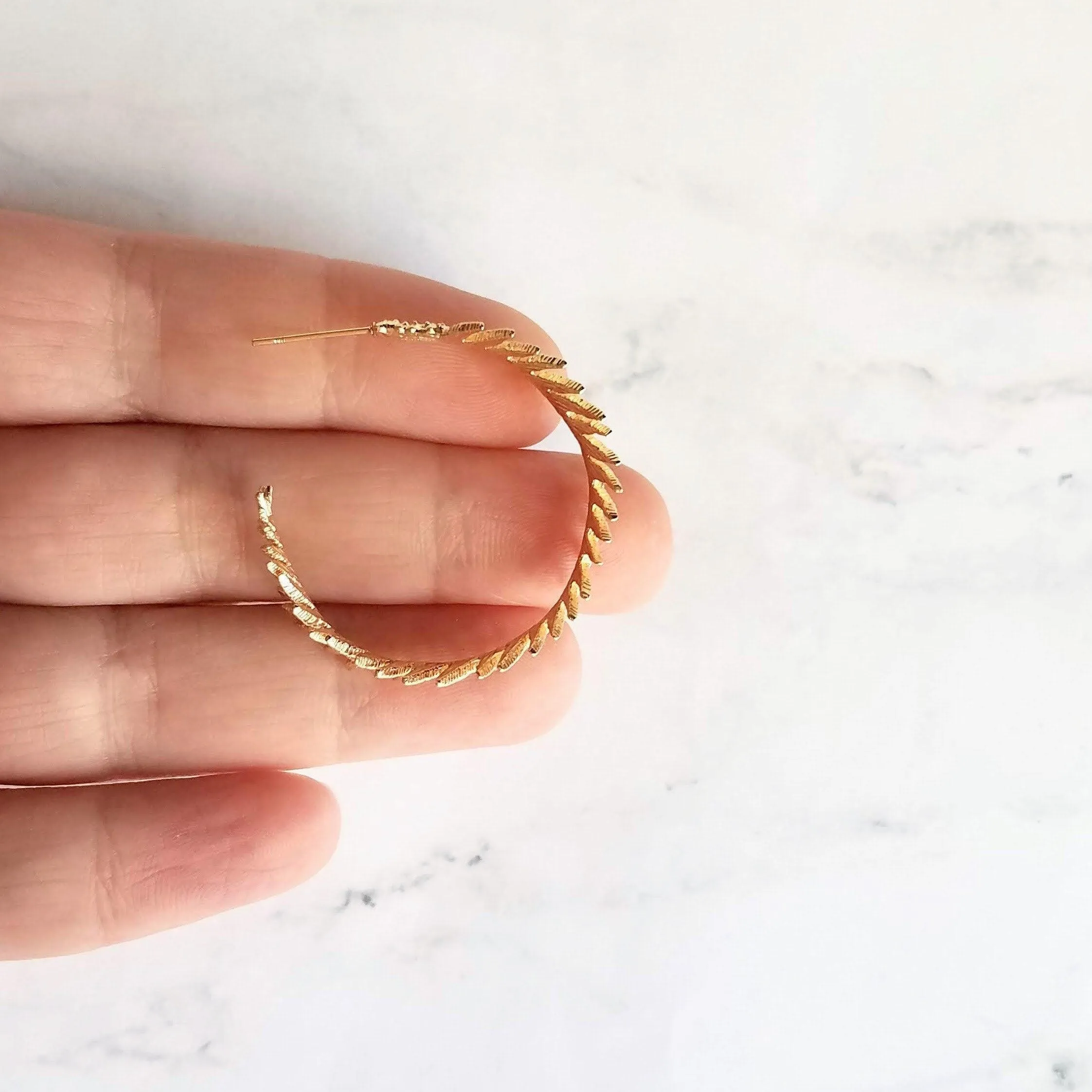 Gold Fern Hoop Earrings, branch hoop, fern earrings, 1 inch hoop, tiny leaves hoop, gold hoops, leafy hoop earrings, plant earrings