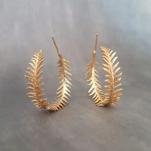 Gold Fern Hoop Earrings, branch hoop, fern earrings, 1 inch hoop, tiny leaves hoop, gold hoops, leafy hoop earrings, plant earrings