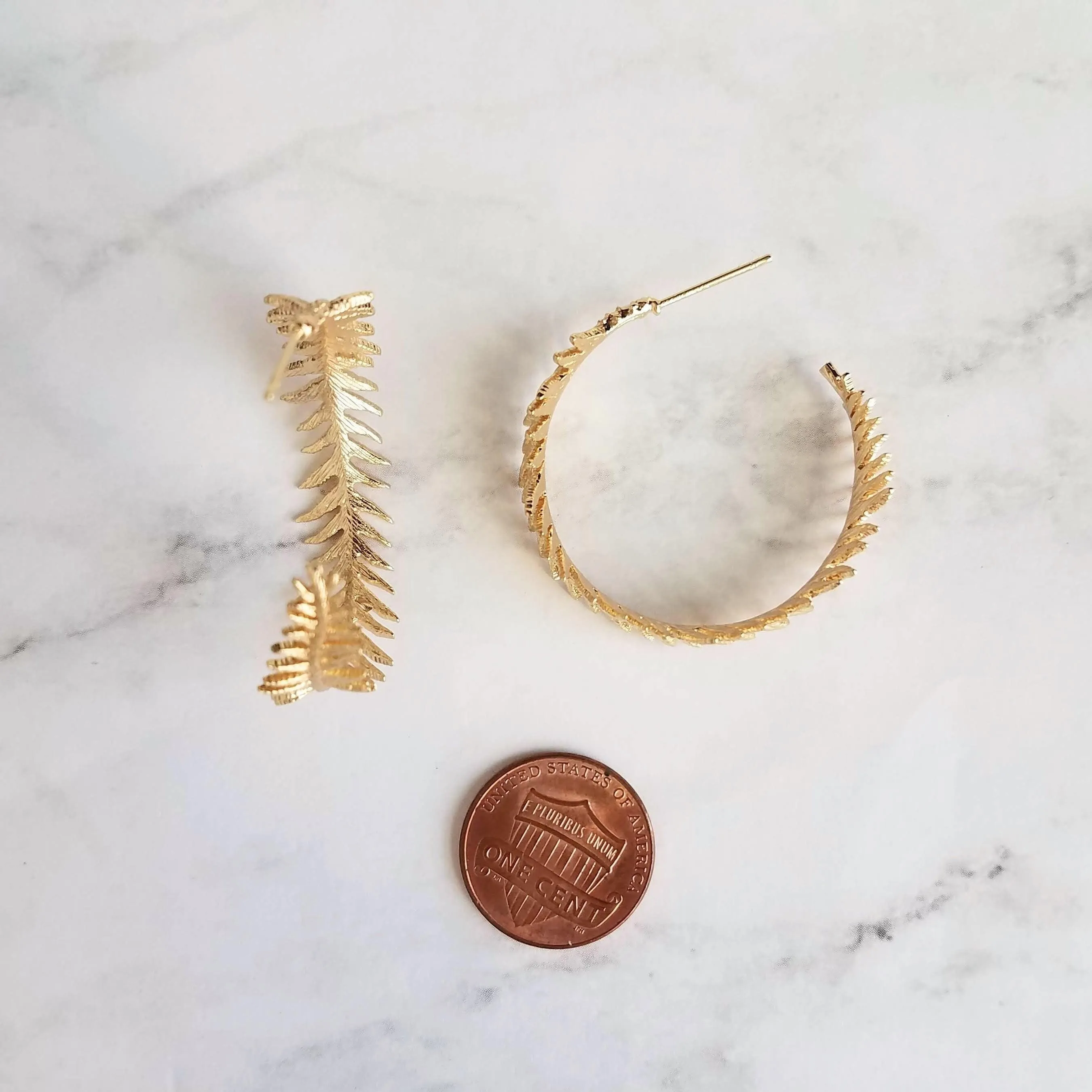 Gold Fern Hoop Earrings, branch hoop, fern earrings, 1 inch hoop, tiny leaves hoop, gold hoops, leafy hoop earrings, plant earrings