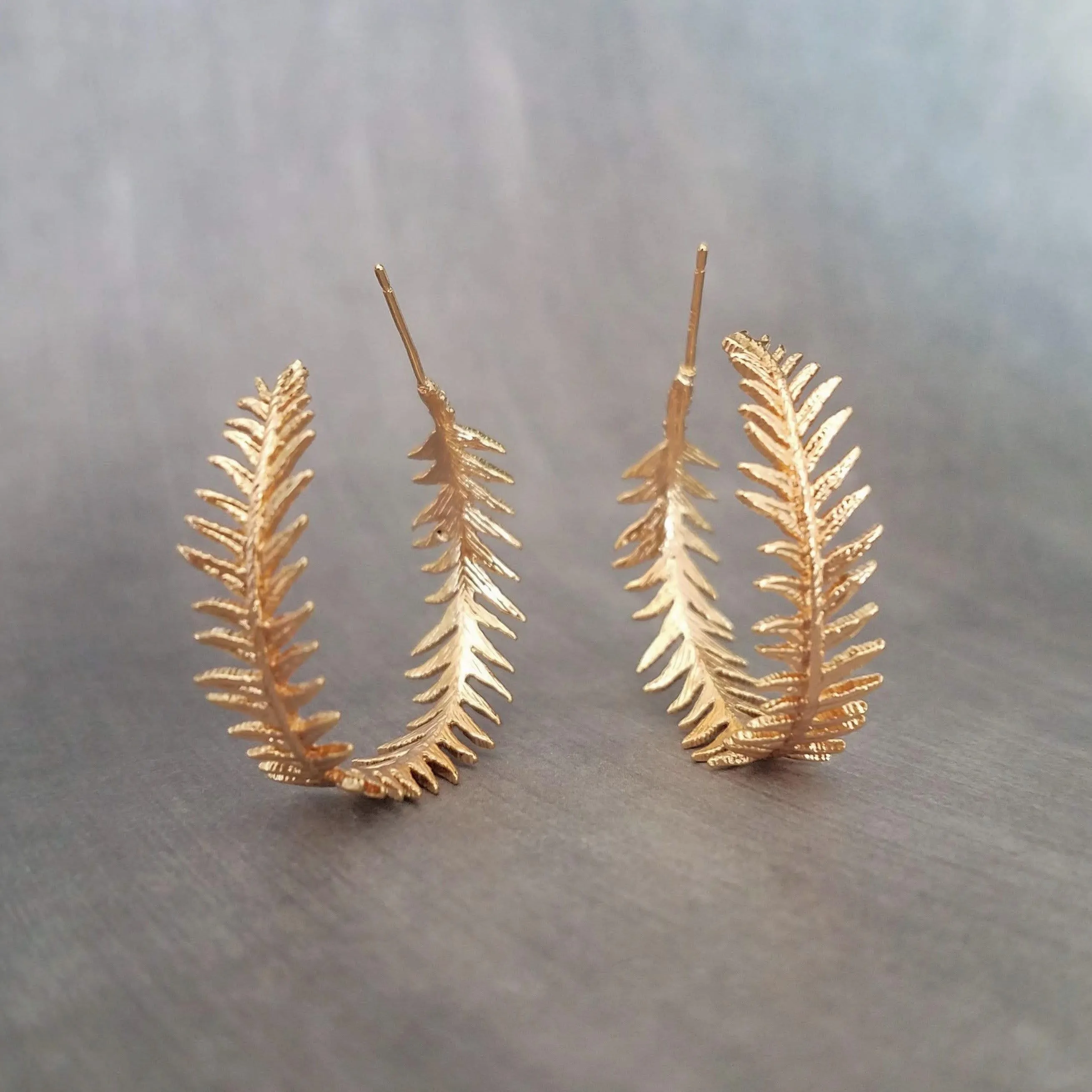 Gold Fern Hoop Earrings, branch hoop, fern earrings, 1 inch hoop, tiny leaves hoop, gold hoops, leafy hoop earrings, plant earrings