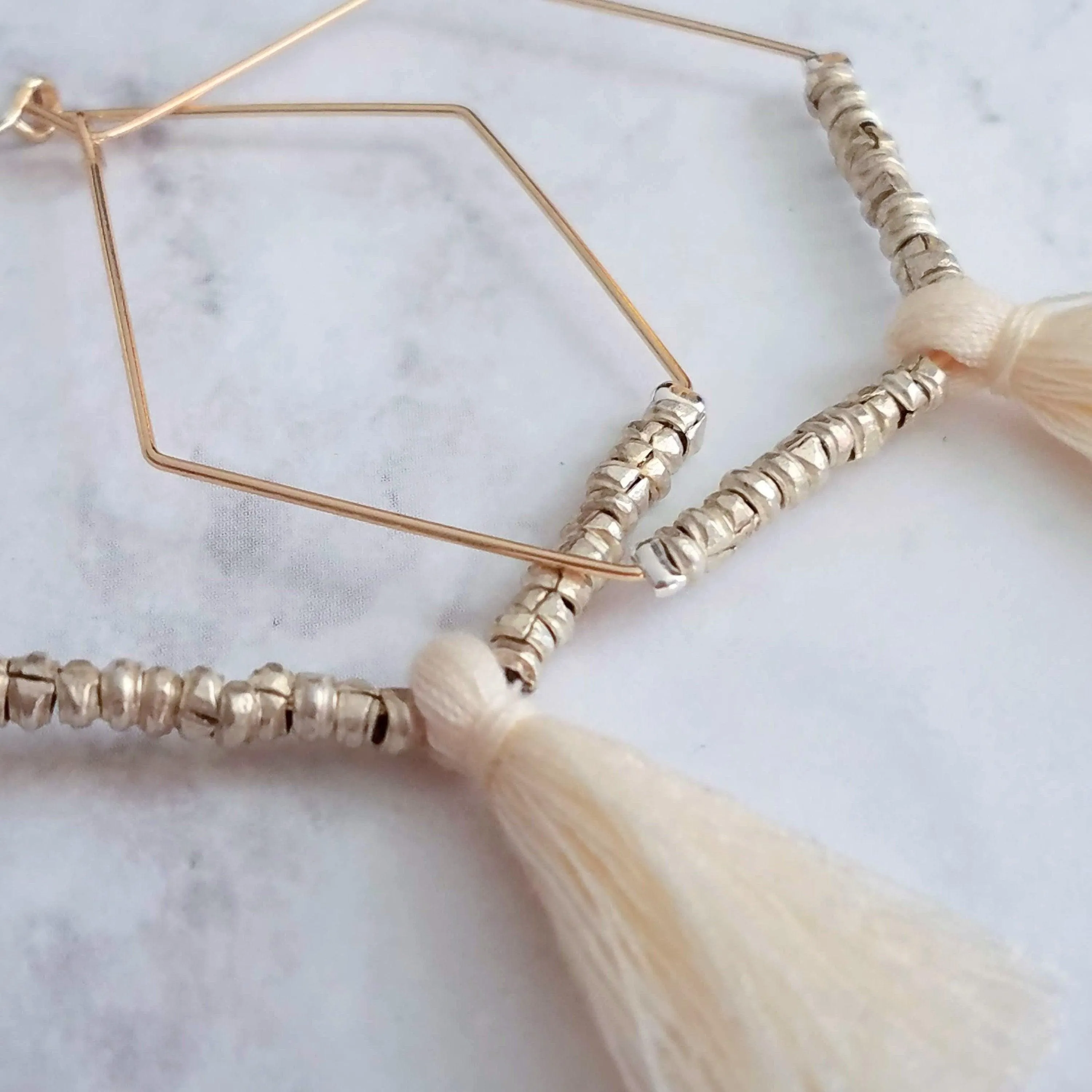 Gold Hexagon Hoop Earrings, thin gold hoop, large hoop earring, tassel hoop, tassel earring beaded hoop mixed metal earring hexagonal 6 side